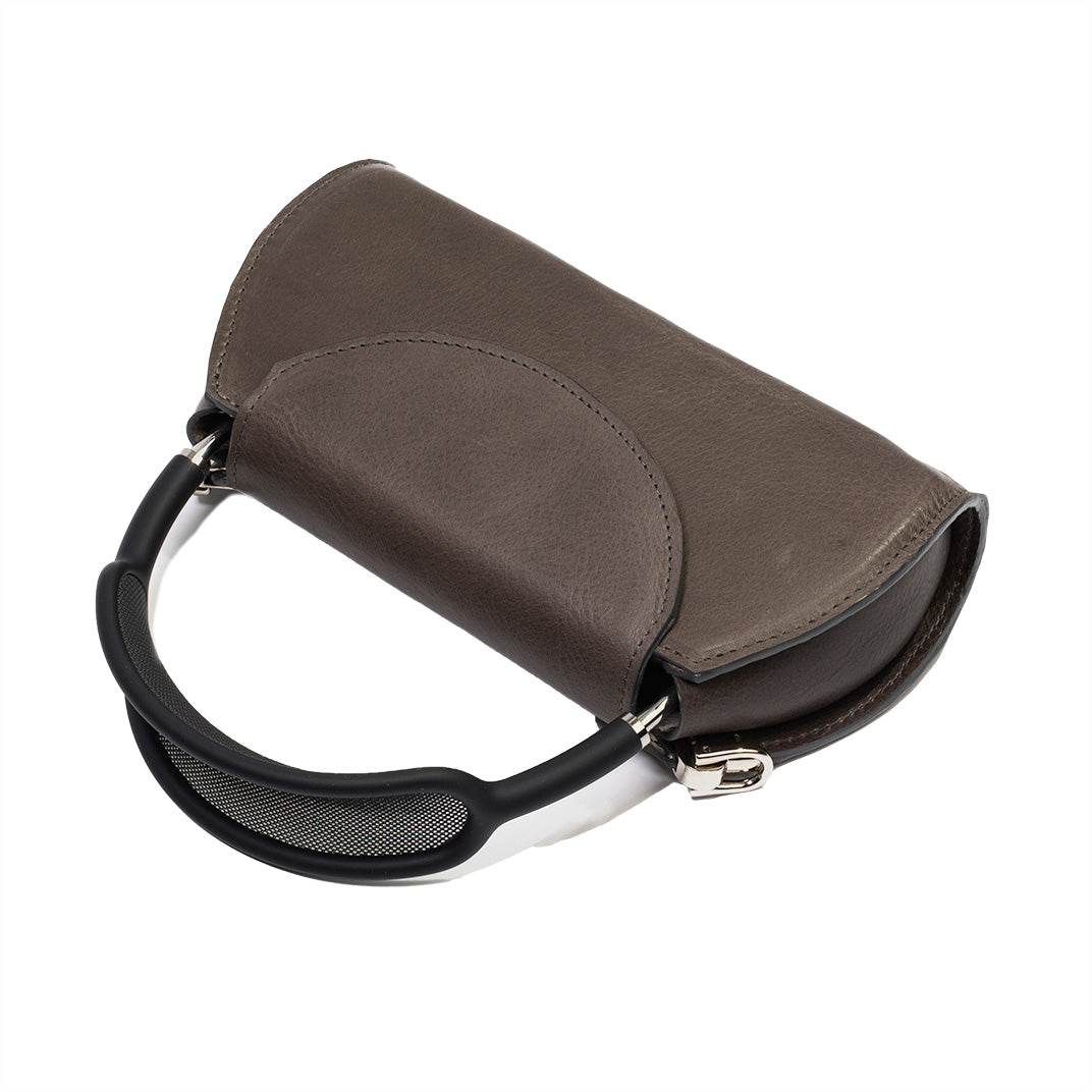 leather case for AirPods Max in gray color with shoulder strap
