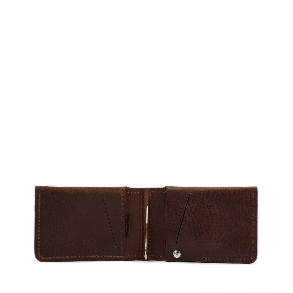AirTag wallet with money clip, expertly crafted by Geometric Goods from premium leather in chocolate brown mahogany color.