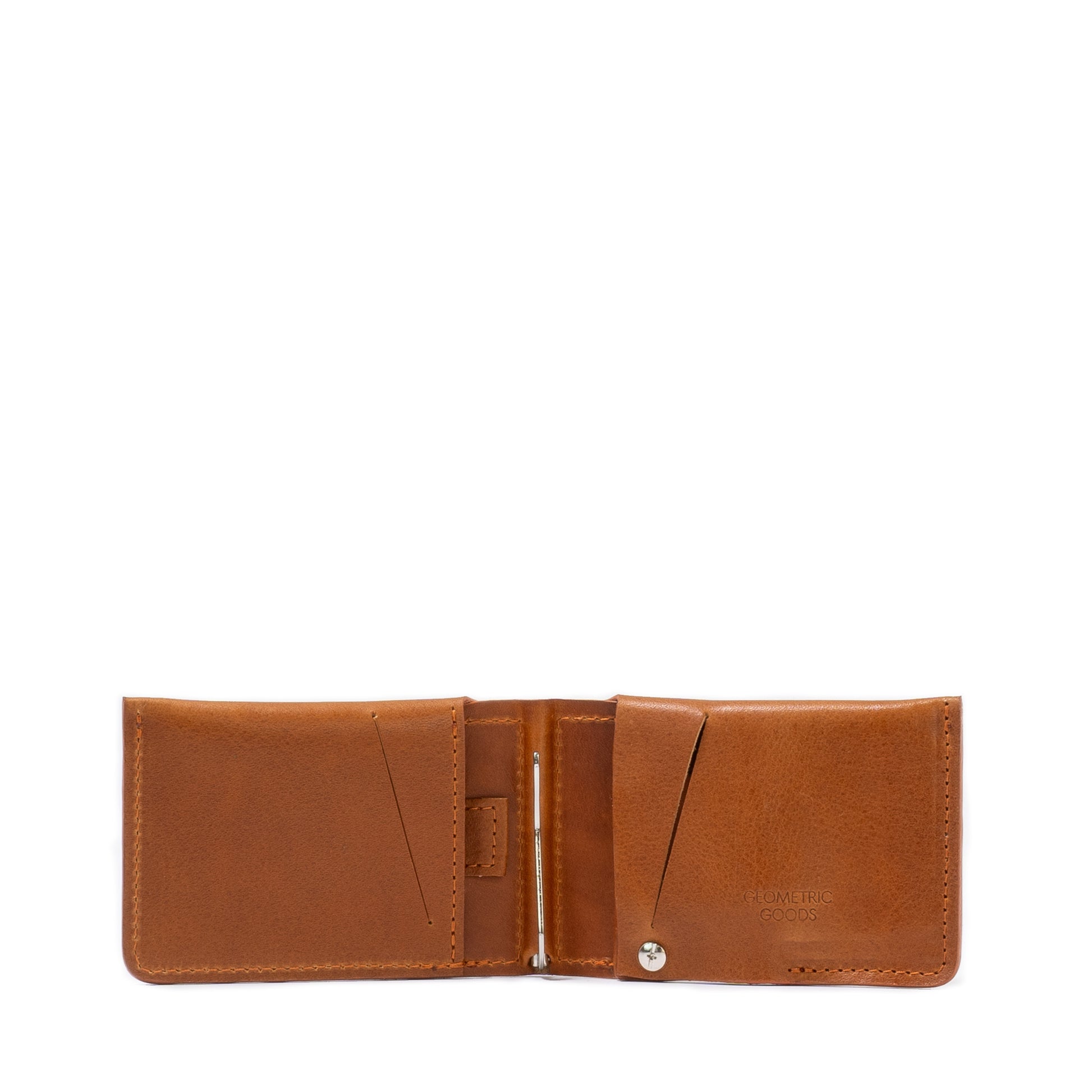 AirTag wallet with money clip for cash in tan (cognac brown) color, meticulously crafted from premium leather by Geometric Goods