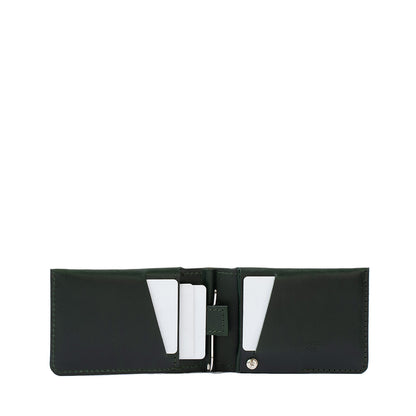 Geometric Goods' AirTag wallet with money clip for men, crafted from premium forest green leather
