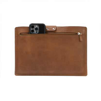 Leather Sleeve Bag for iPad Pro with zipper pocket in brown color made by Geometric Goods