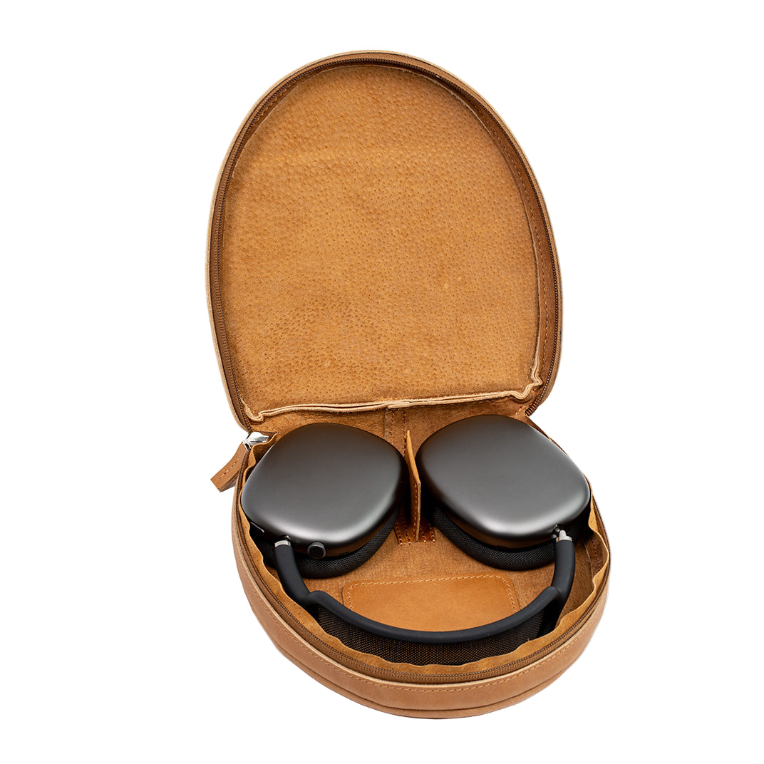Leather case with AirPods Max in light brown camel color open view with headphones