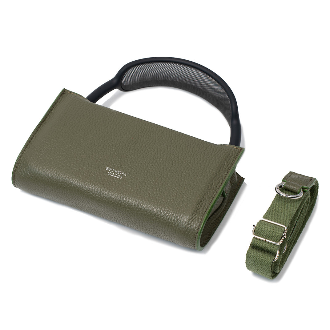 Olive green leather AirPods Max case with removable shoulder strap, minimalist protective cover by Geometric Goods