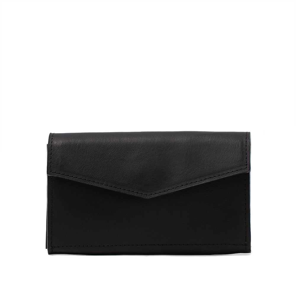 Geometric Goods smart leather long wallet for men with an AirTag slot, crafted from premium Italian full-grain veg-tanned black leather