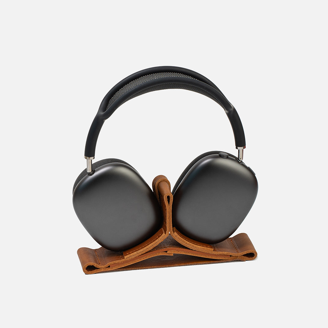 Leather Stand for AirPods Max in Tan — padded leather cradle, weighted base, Low Power Mode activation; full-grain Italian leather, handmade in Europe