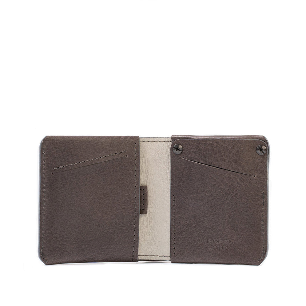 The best Geometric Goods bifold AirTag wallet, with hidden slot, crafted from premium full-grain Italian leather in gray color