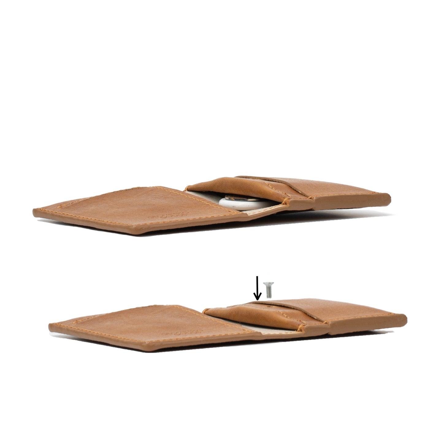AirTag wallet crafted from Italian vegetable-tanned leather, featuring a hidden AirTag pocket secured with a screw, and capable of holding up to 8 cards