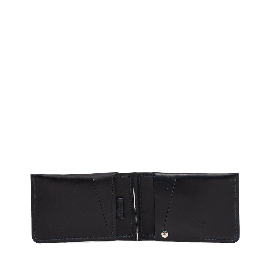 airtag money clip wallet made from premium natural leather in navy blue color