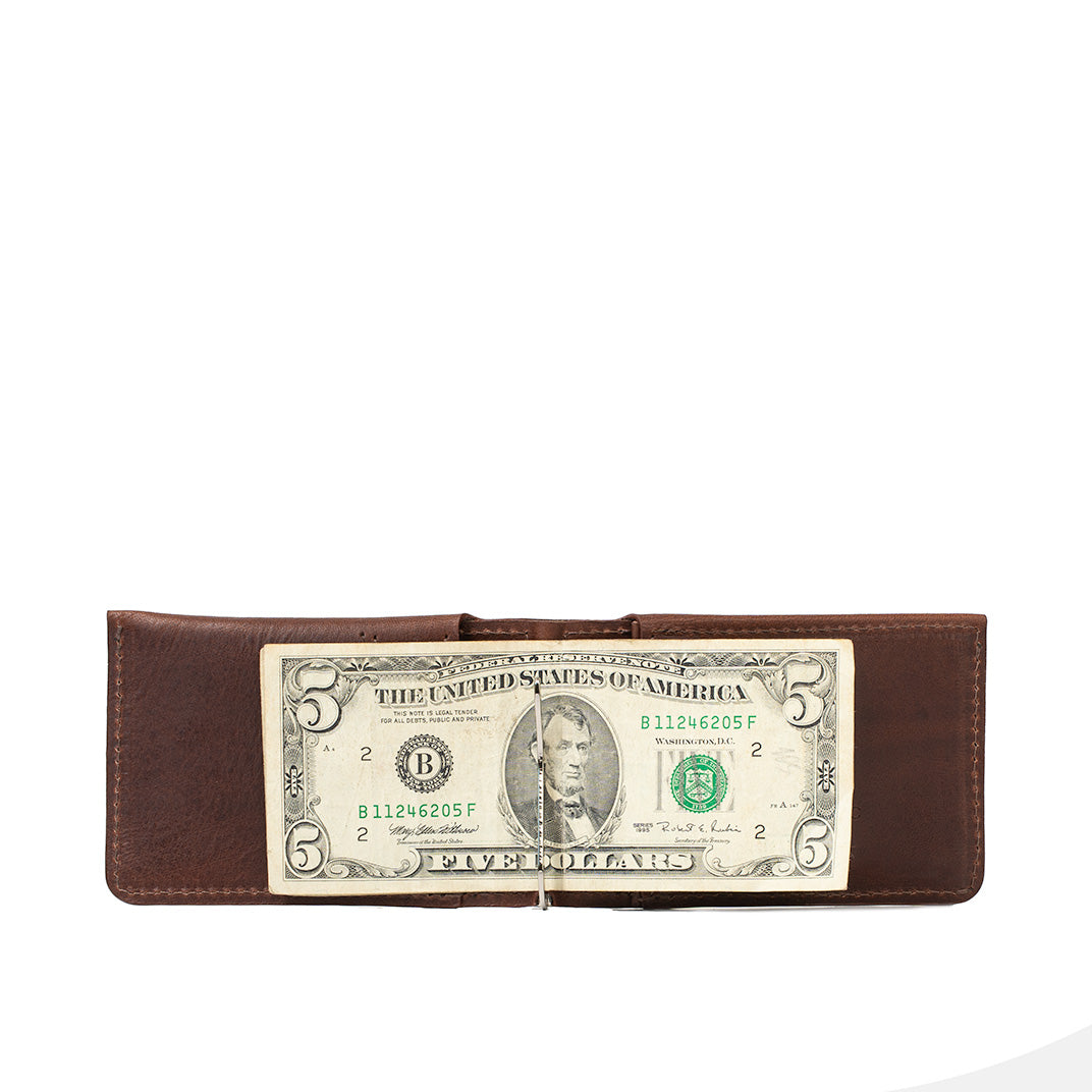 Mahogany leather AirTag money clip wallet for men holding cash with stainless clip – Geometric Goods