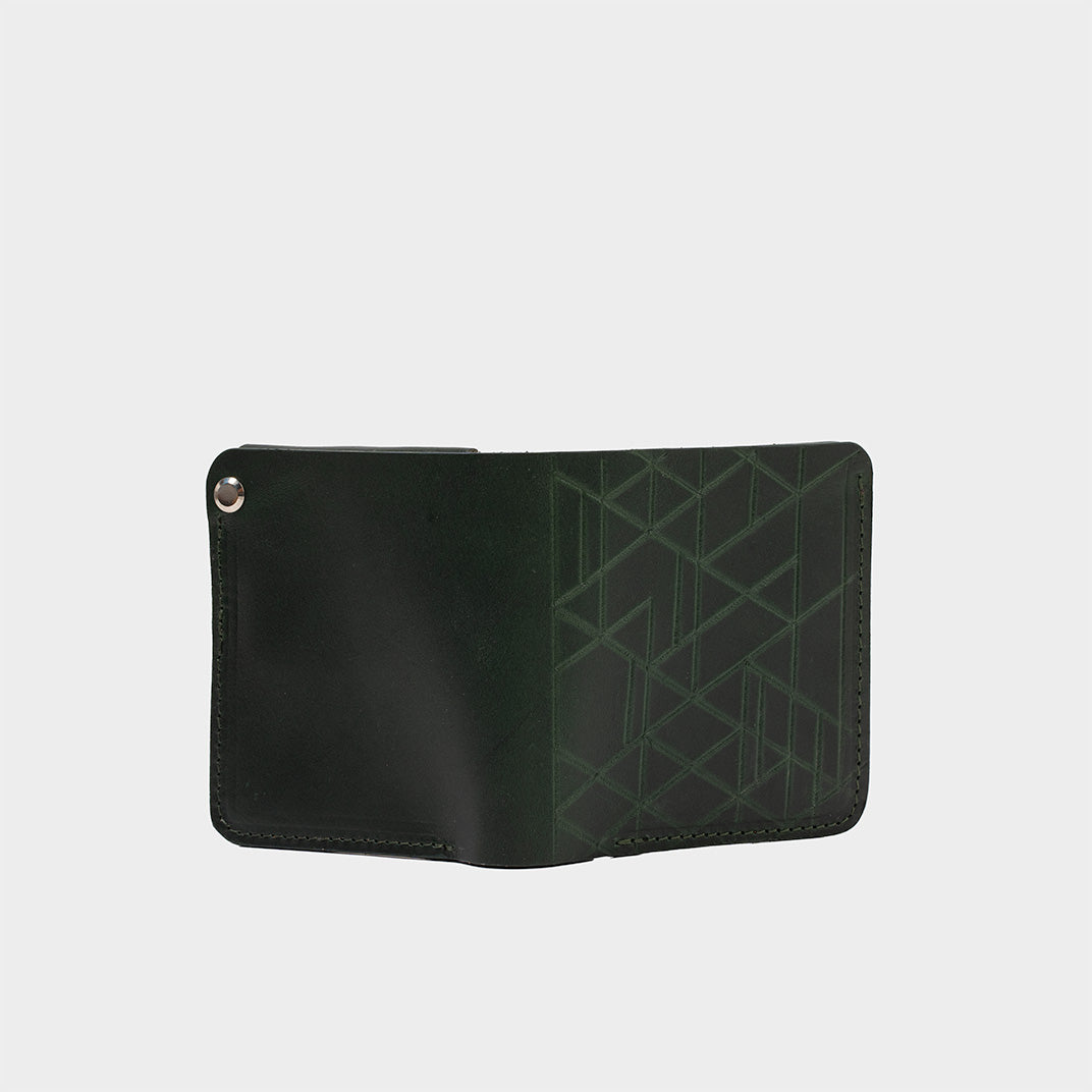 luxury AirTag wallet leather billfold in green color with vectors pattern. Limited edition