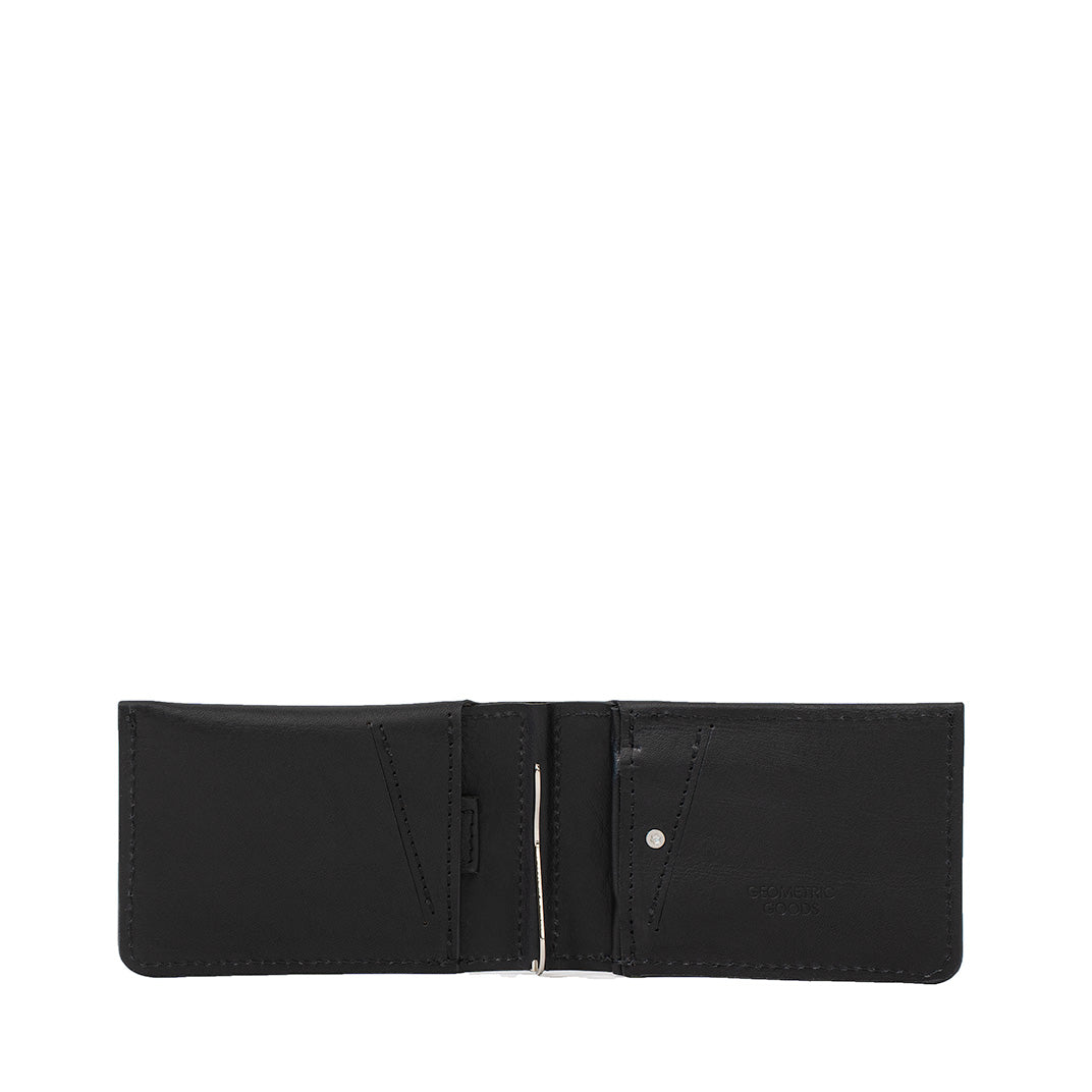 Slim AirTag wallet with stainless money clip in black full-grain leather with hidden tracker slot – Geometric Goods