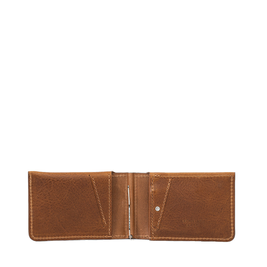Slim AirTag wallet with stainless money clip in brown full-grain leather with hidden tracker slot – Geometric Goods