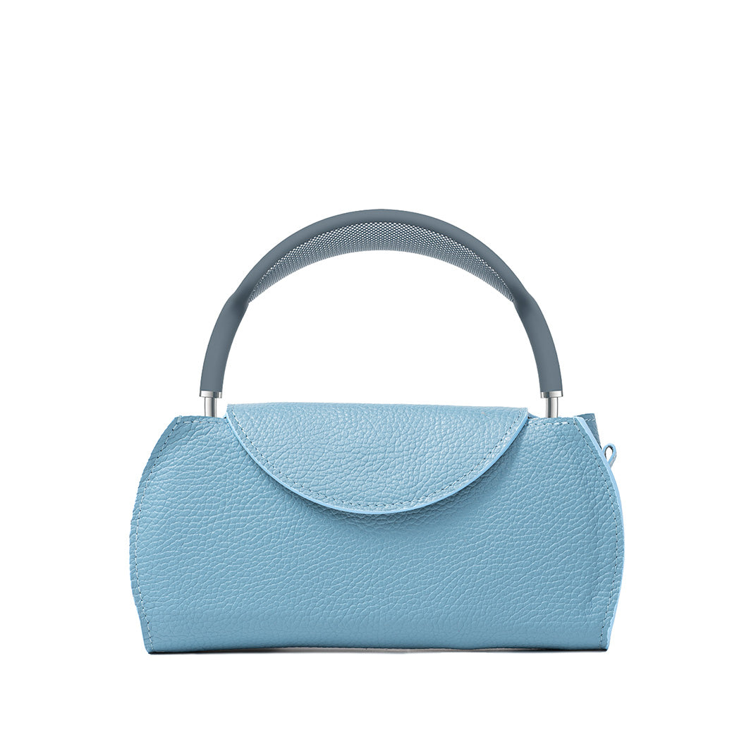 Sky blue leather AirPods Max case with matching blue headphones, minimalist rounded flap design for elegant protection