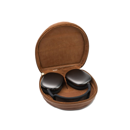 Open brown leather case for AirPods Max 2 with headphones inside and tan lining visible