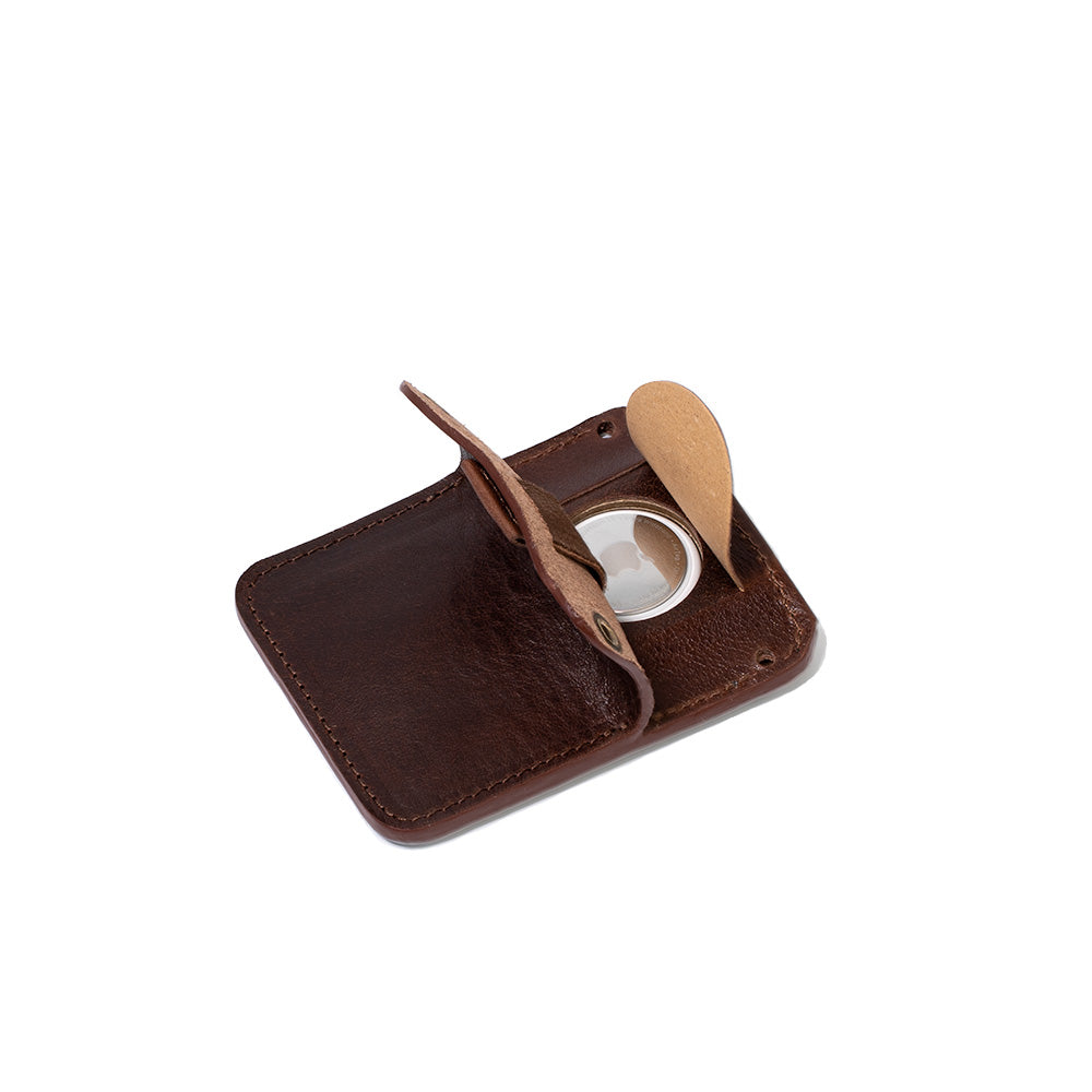 The best minimalist AirTag card holder with keychain ring in dark brown mahogany