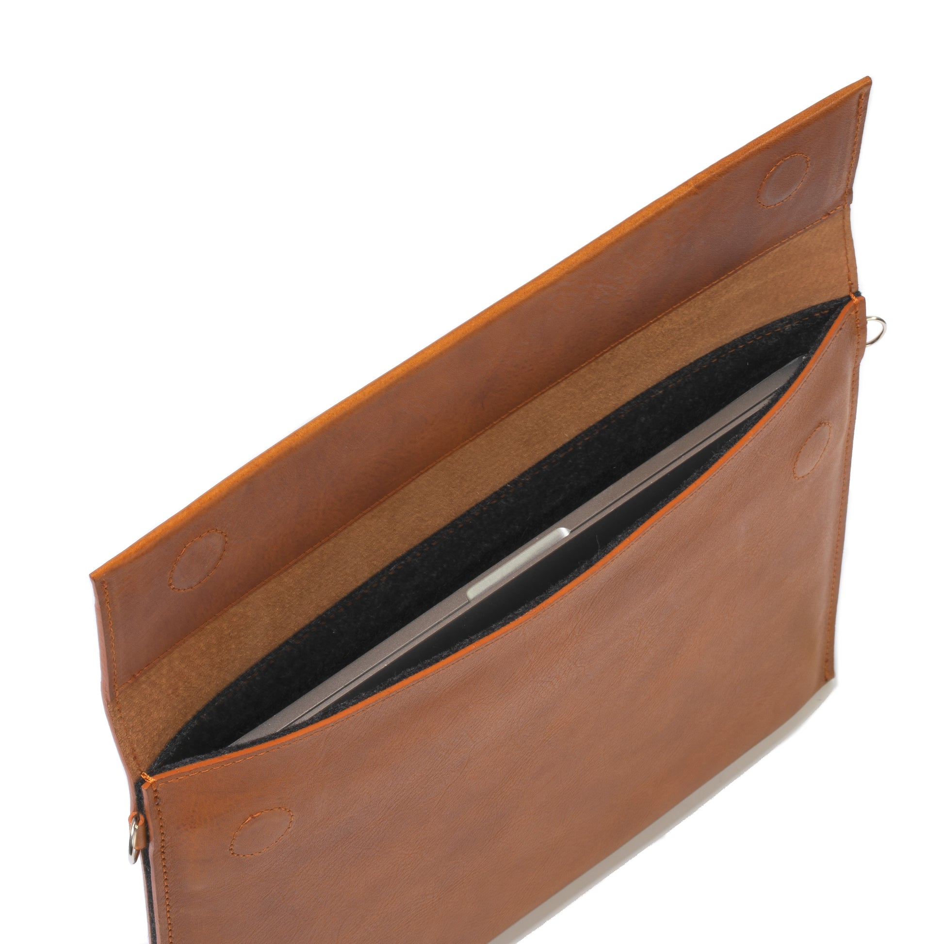 Designer mens sleeve case bag for MacBook Pro 13 in cognac brown tan color with adjustable strap made from premium Italian leather