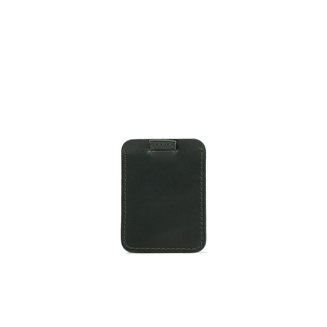 Minimalist designer leather cardholder with hand-stitched detailing in forest green color