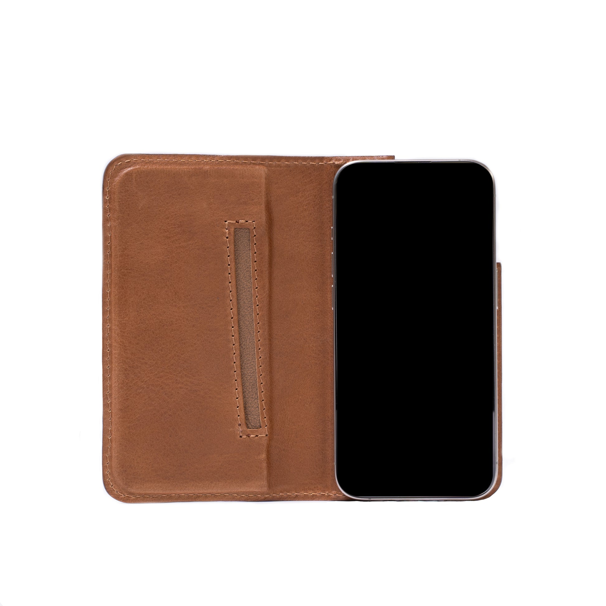 Flip-case with MagSafe for iPhone 15 Pro Max - The Minimalist 3.0, made by Geometric Goods in classic brown color