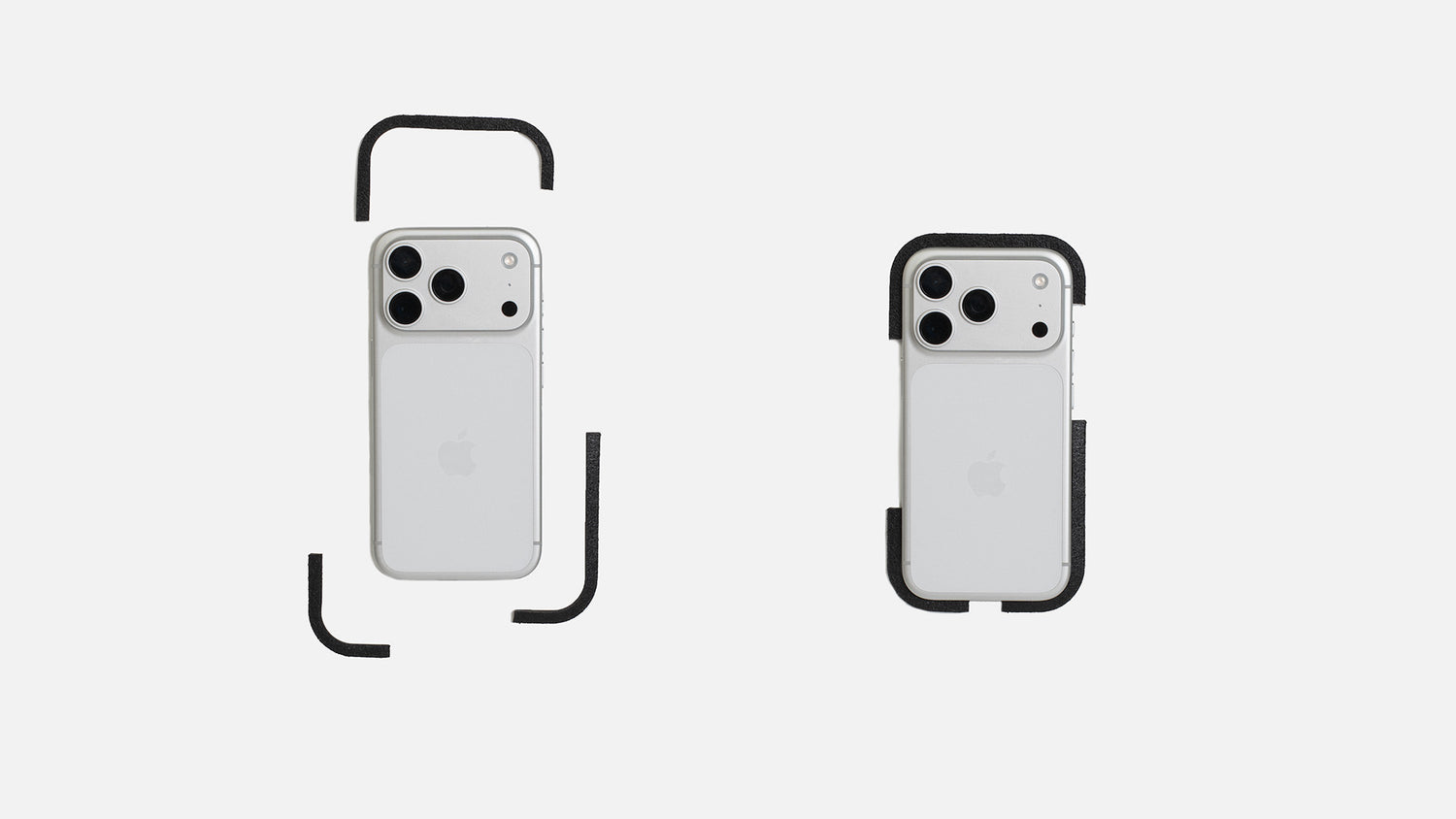 Installation diagram of iPhone 17 Series with modular leather frame pieces — edge protection and MagSafe-aligned fit for the Classic 5.0 folio case