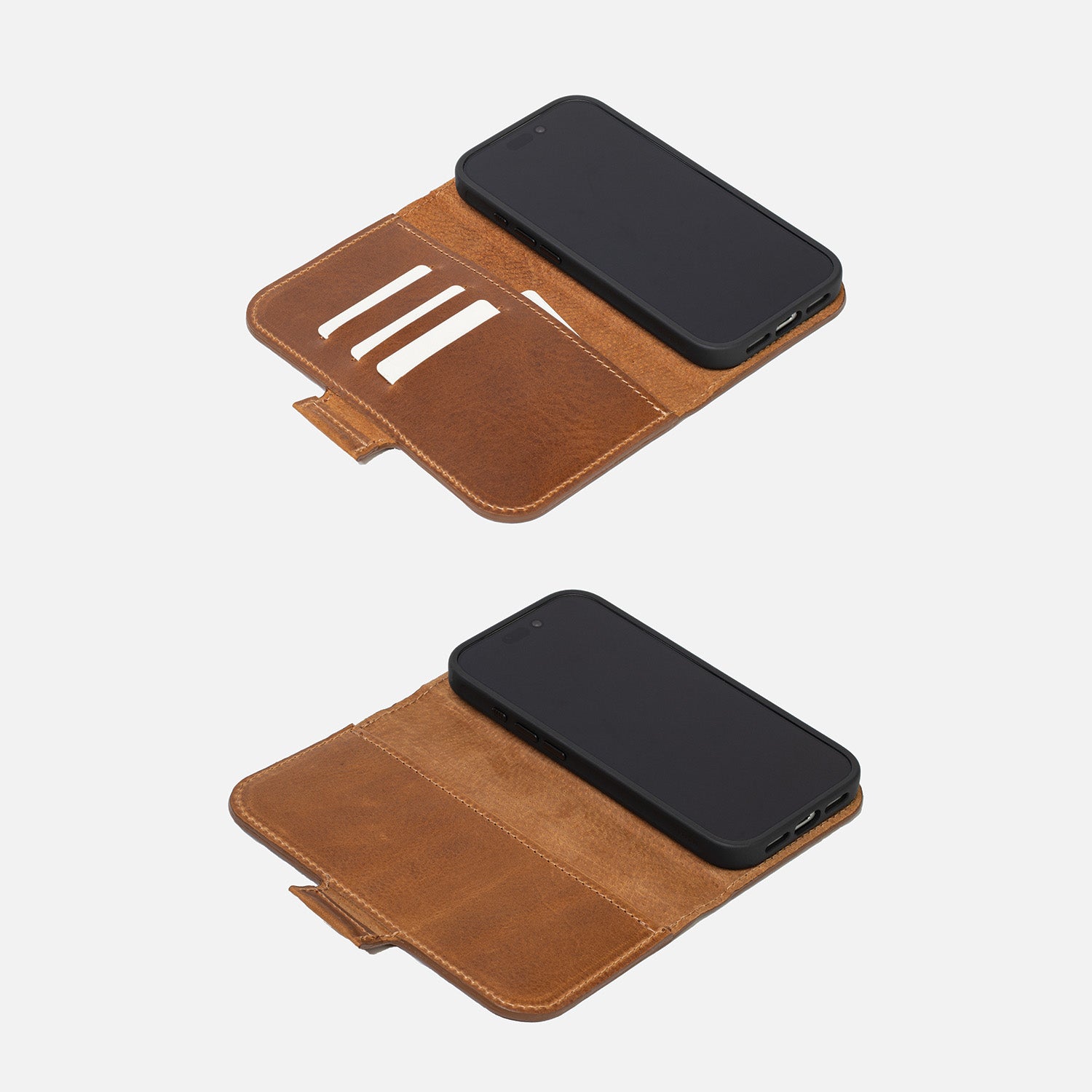iPhone 17 Series Leather Folio Case Wallet Classic 5.1 in brown — side-by-side Minimal vs Classic layouts with full-length bill pocket and 3 card slots; MagSafe-ready
