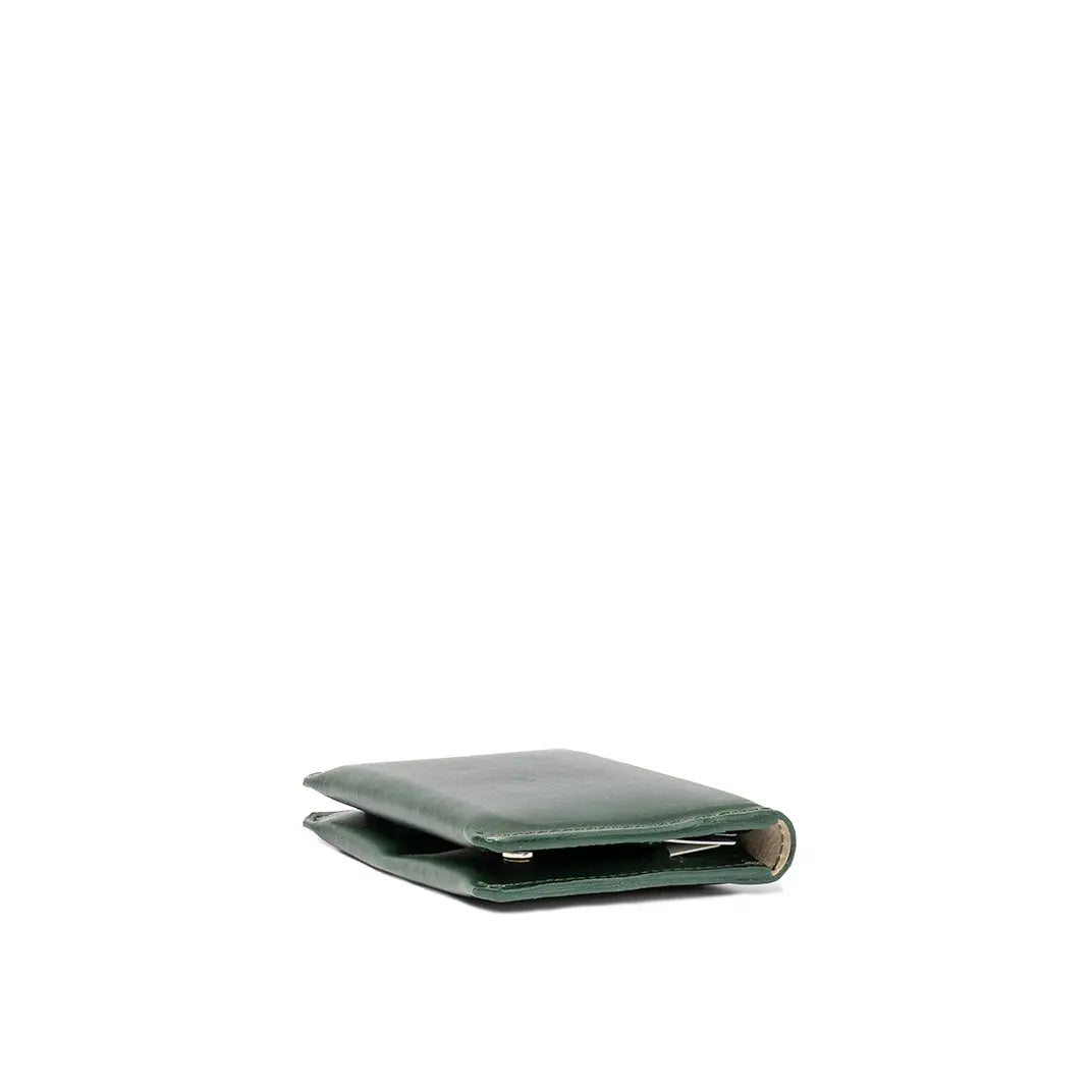 Side view of a closed green leather passport wallet showing its slim profile and beige lining.
