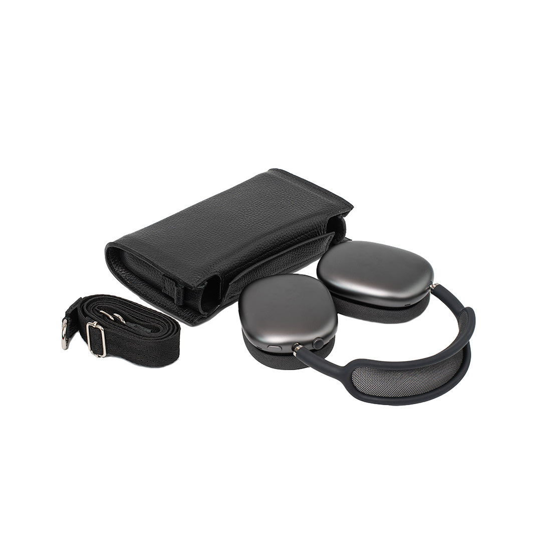 Black leather AirPods Max case shown with headphones and detachable fabric shoulder strap.
