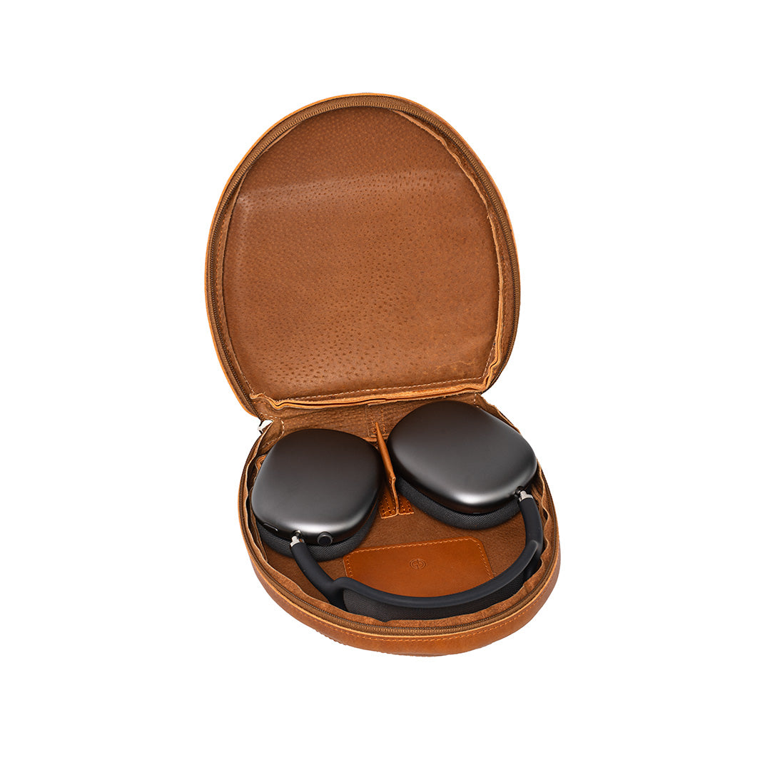 Open AirPods Max case in Tan leather by Geometric Goods, showing soft interior, headphone fit, and inner pocket detail.