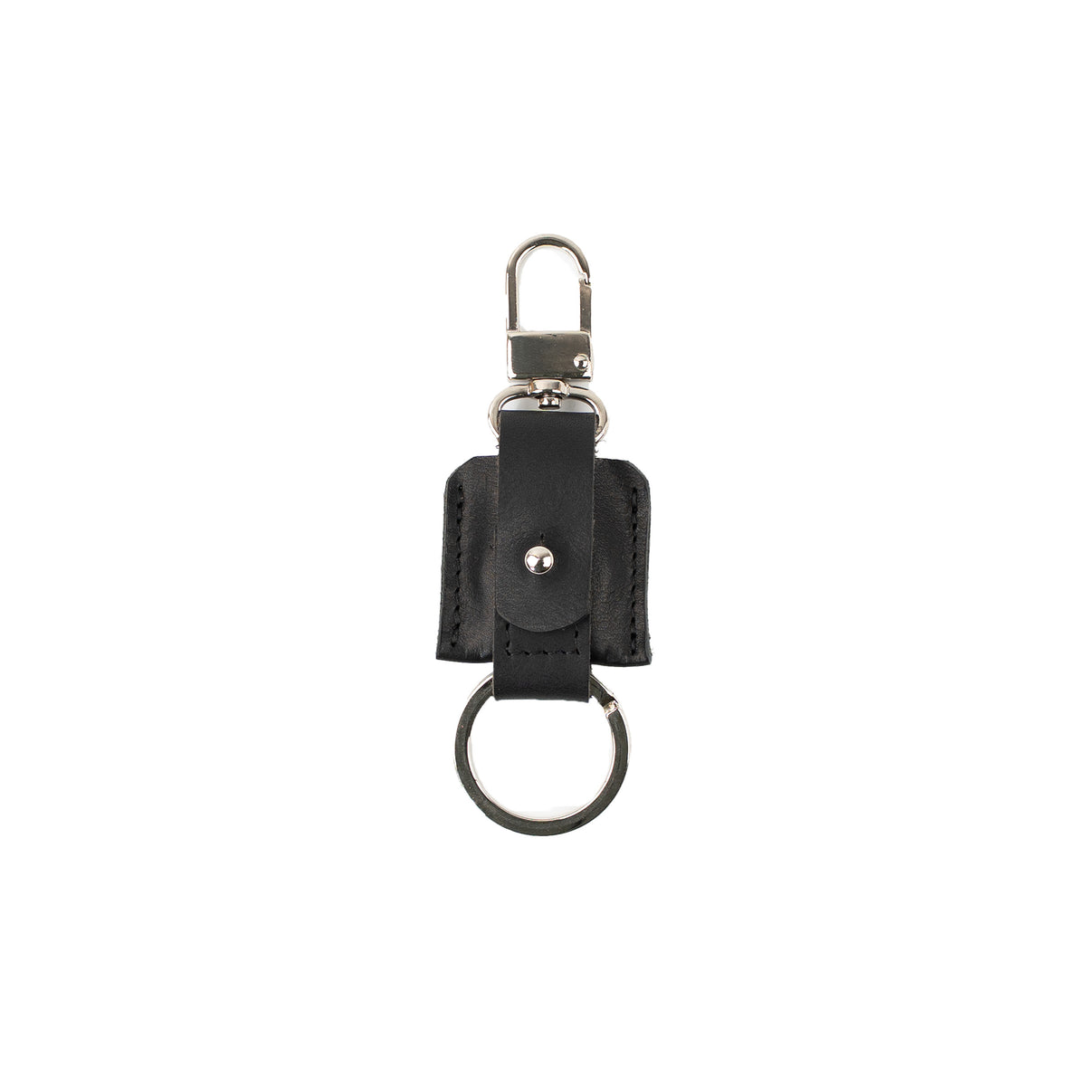 Black leather AirTag keychain with a snap hook, swivel ring and split keyring.