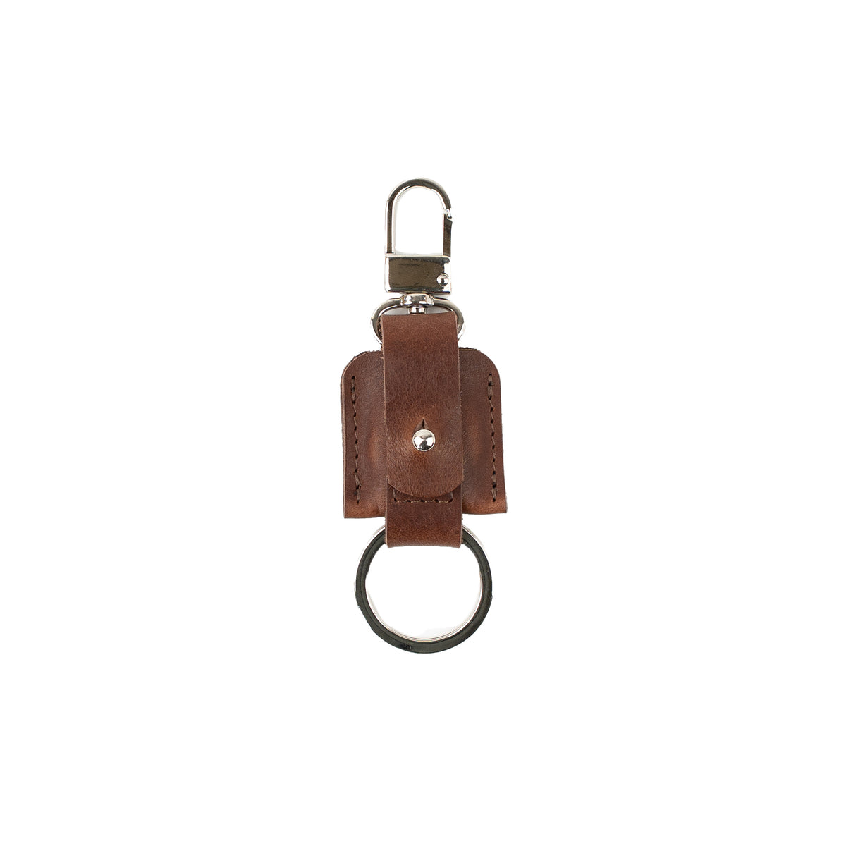 Brown leather AirTag keychain with a snap hook, swivel ring and split keyring.