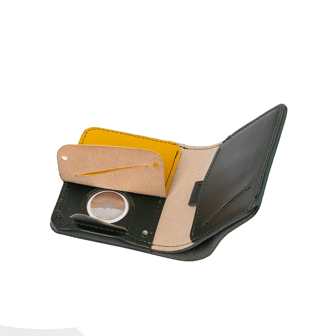 premium AirTag wallet made from top-grain Italian leather in green and yellow color combination