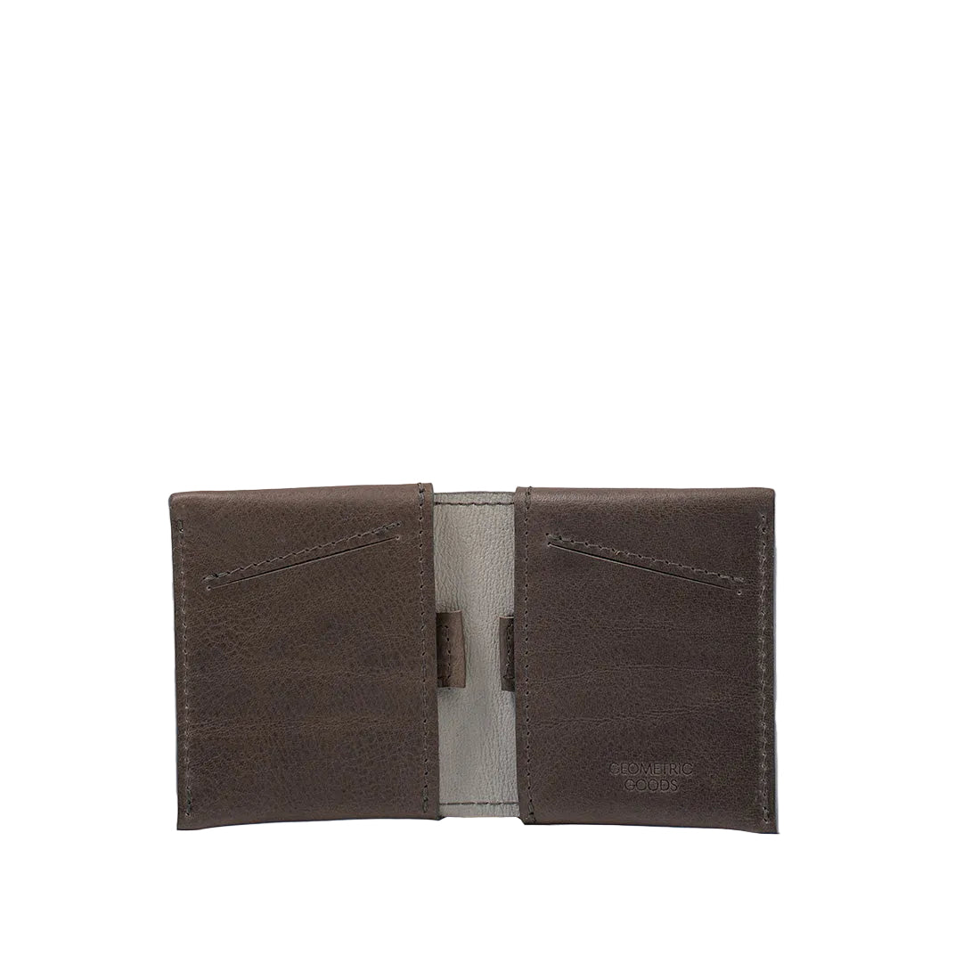 Gray leather Air Tag wallet with hidden AirTag slot and rfid shown from the front view