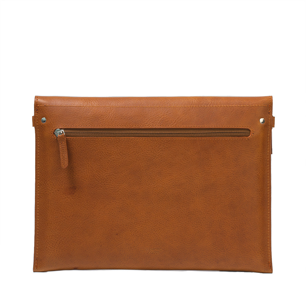 Best mens sleeve case bag for MacBook Pro 13 in cognac brown tan color with adjustable strap made from premium Italian leather