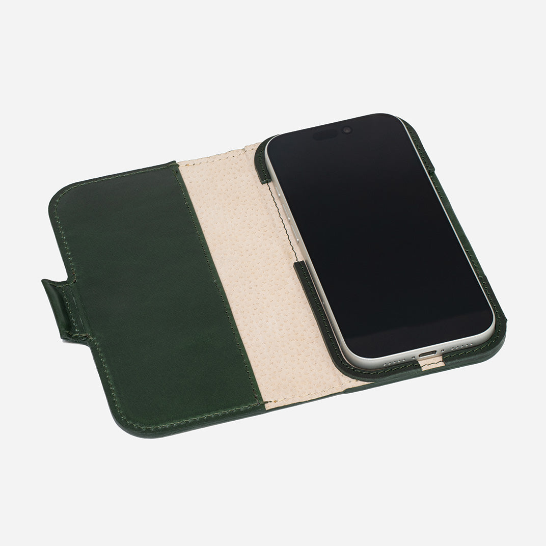 Black textured iPhone 17 leather folio closed, front view with clasp