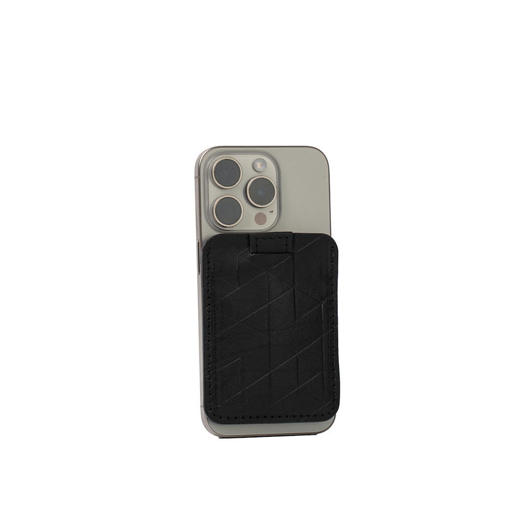 Leather MagSafe wallet for iPhone in black with carved vectors design, holds 6 cards, handcrafted Italian leather
