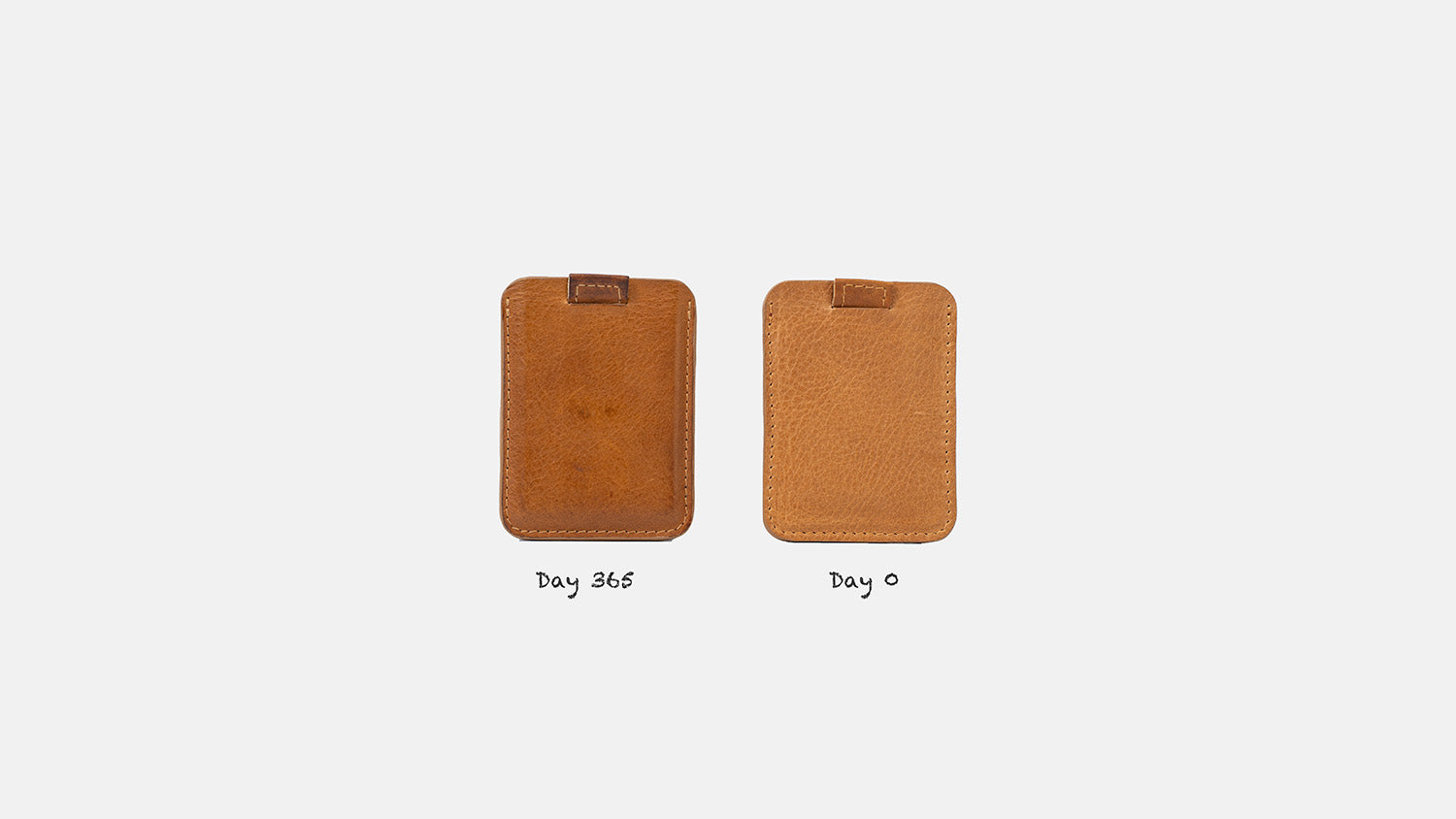 Patina comparison of leather MagSafe wallet for iPhone after one year of use versus new – Italian full-grain leather aging