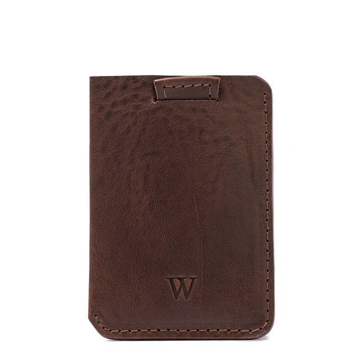 Personalized MagSafe wallet with initial W – dark brown full-grain leather wallet, handcrafted and ideal for gifting