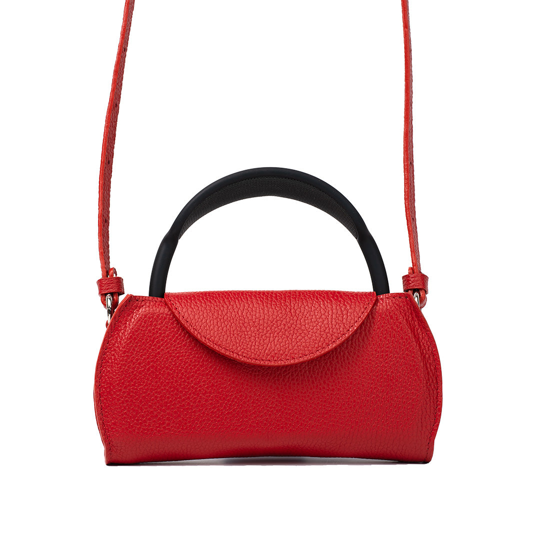 Front view of Gometric Goods’ Ruby Red Leather AirPods Max Shoulder Bag with adjustable strap.