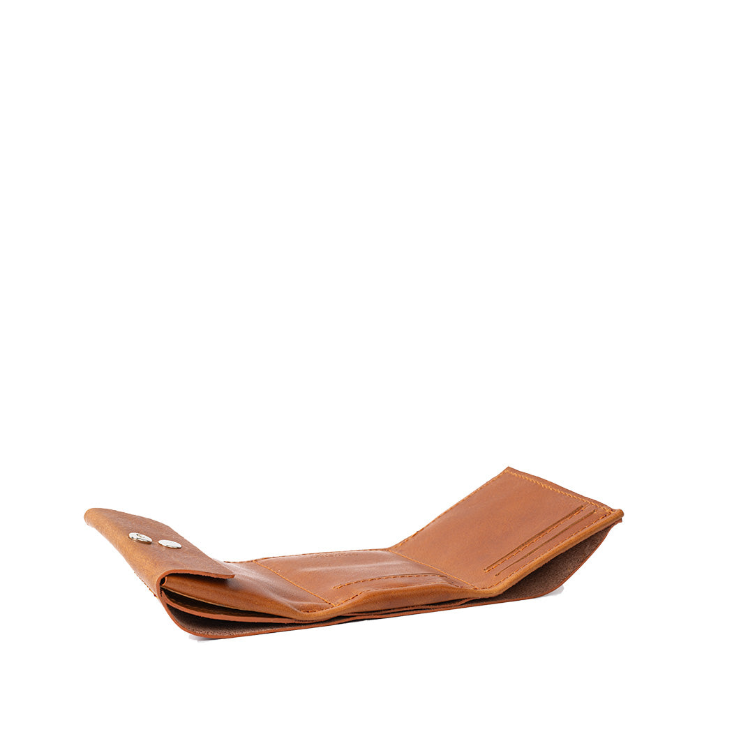 Tan color AirTag wallet trifold billfold showing ample storage and practical features
