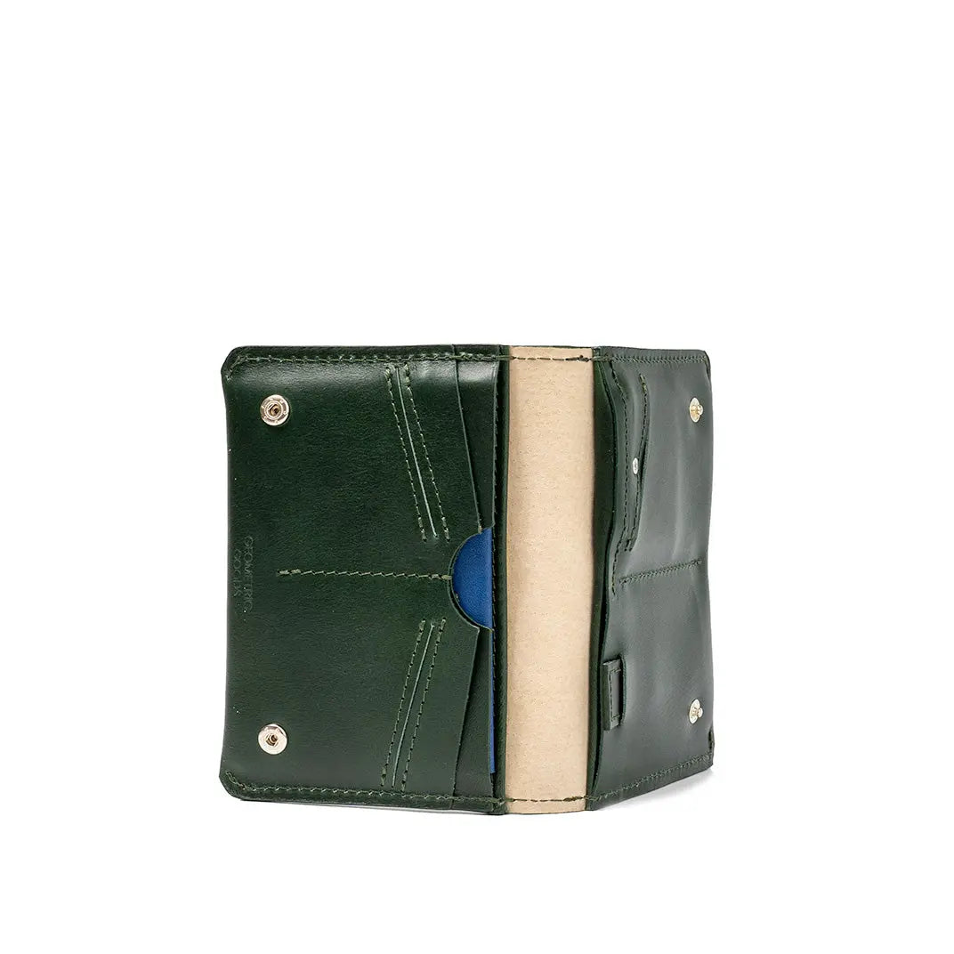Green leather passport wallet partly open to show its beige center lining.