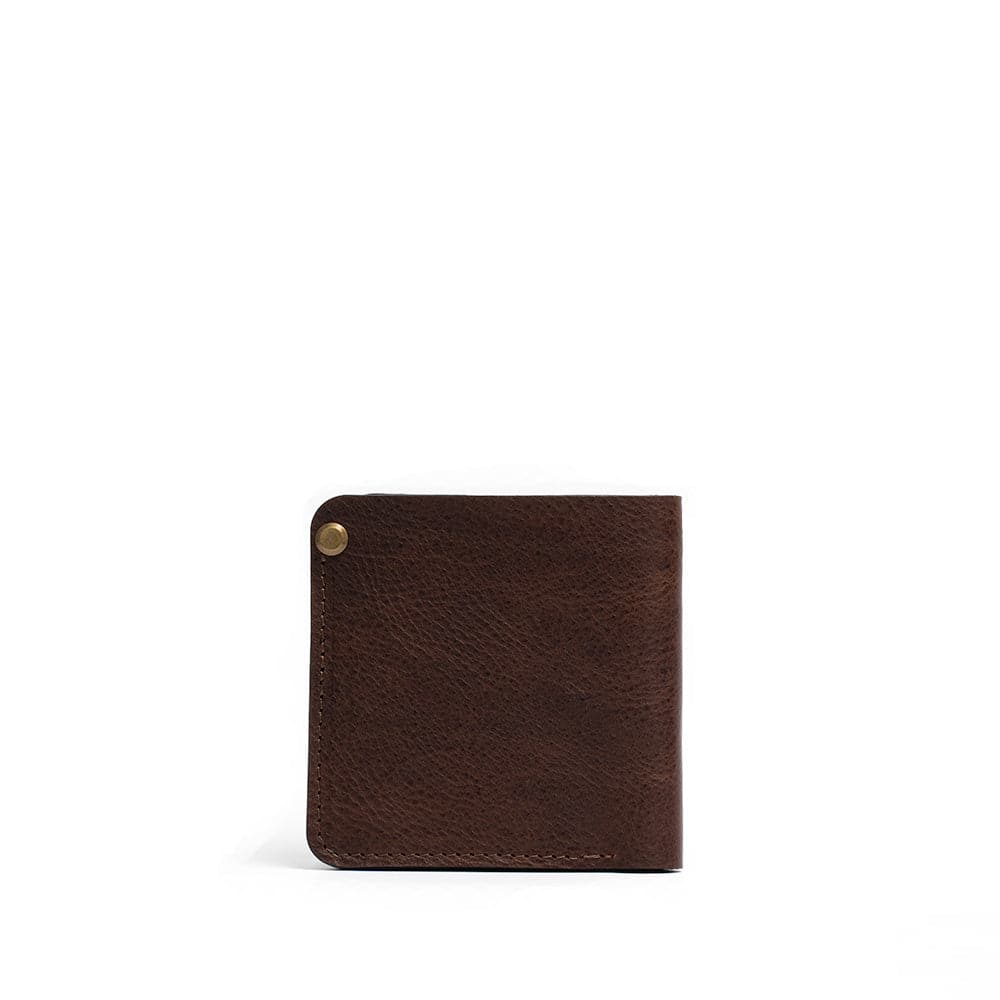 Chocolate brown billfold wallet with secret AirTag slot by Geometric Goods