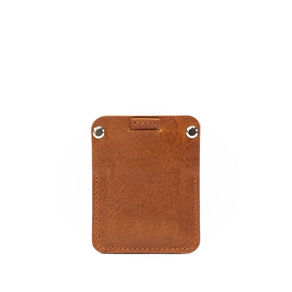 smart AirTag card wallet holder for men and women made by Geometric Goods from high-quality full-grain vegetable-tanned leather in tan cognac brown color