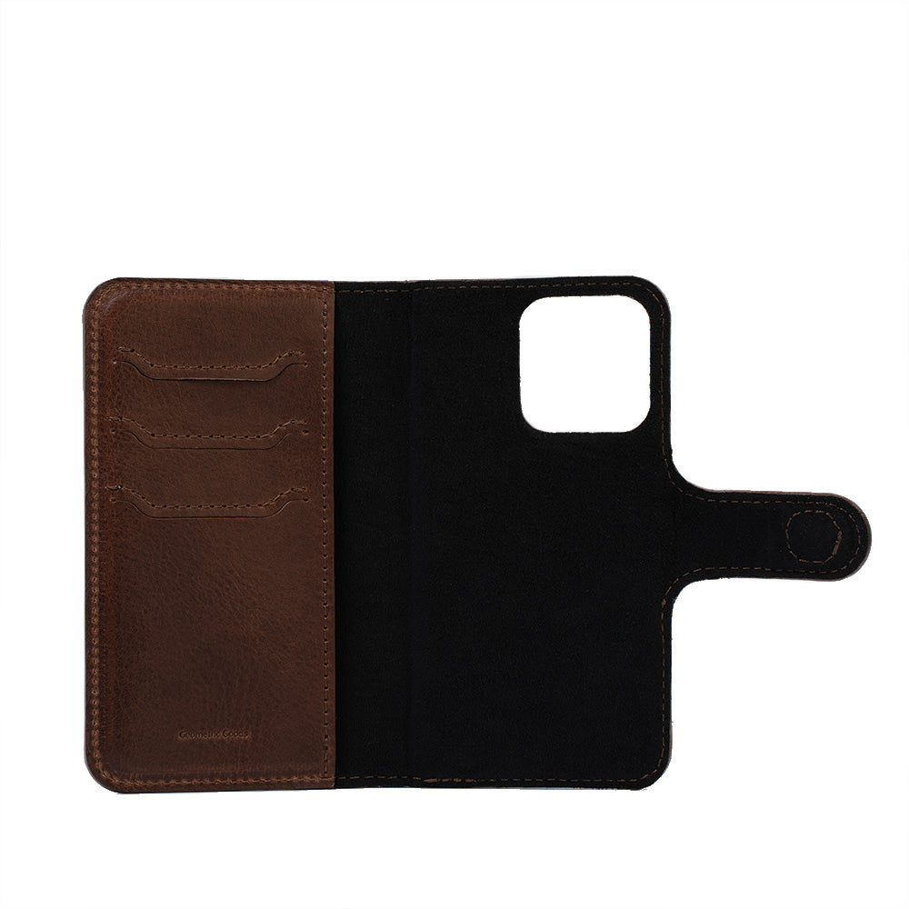 dark brown magsafe folio for iphone 14 pro max ultra made from premium Italian full-grain leather in europe with a free shipping to usa
