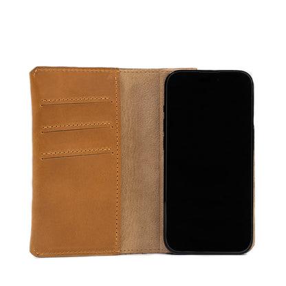 iPhone folio case wallet made from premium Italian leather in light brown color with strong MagSafe attachment