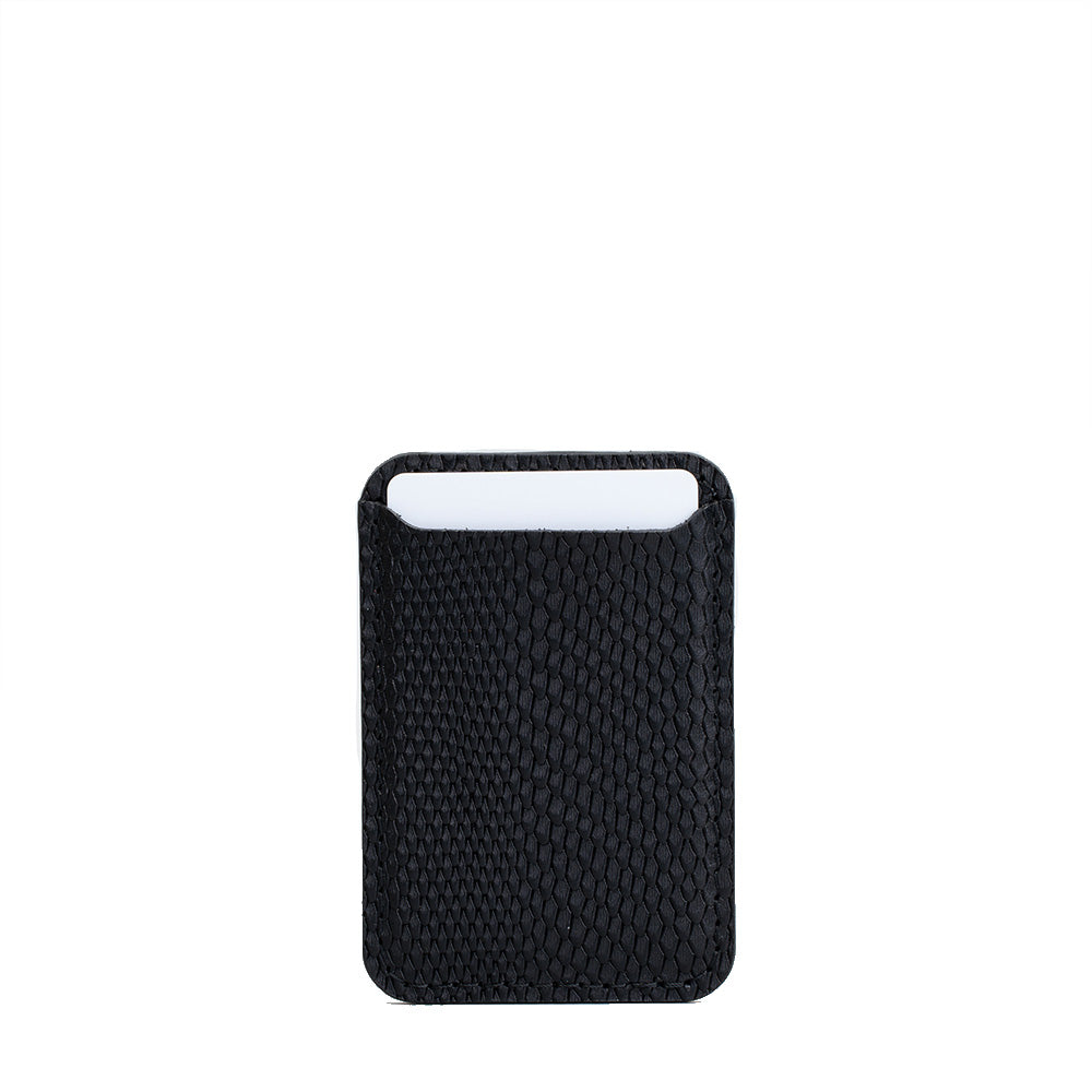 Front view of black leather MagSafe wallet for iPhone with embossed snake print, vegetable-tanned leather, holds 3 cards