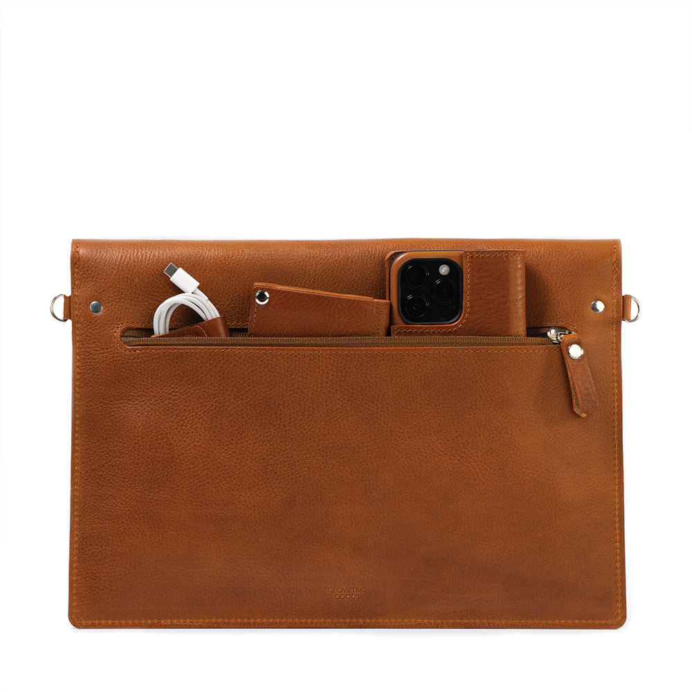 the best cognac brown tan color Leather Sleeve with adjustable strap for iPad made by Geometric Goods from premium quality Italian leather for woman and men