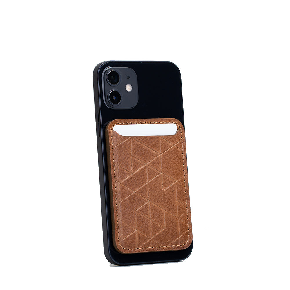Best Third-Party MagSafe wallet with a strong MagSafe magnet from an Apple-approved supplier for iPhone made from premium top-grain vegetable tanned Italian leather with vectors pattern by Geometric Goods in brown color for men and women