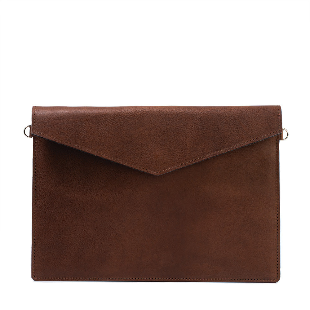 mahogany dark brown color Leather Sleeve with adjustable strap for Macbook Air and MacBook Pro made by Geometric Goods from premium quality Italian leather for lady and men