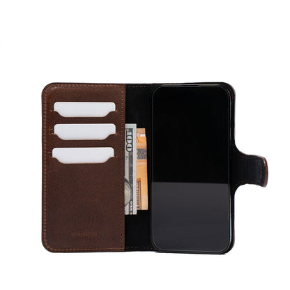 Apple MagSafe folio case wallet in brown color made from premium full grain Italian leather by Geometric Goods 