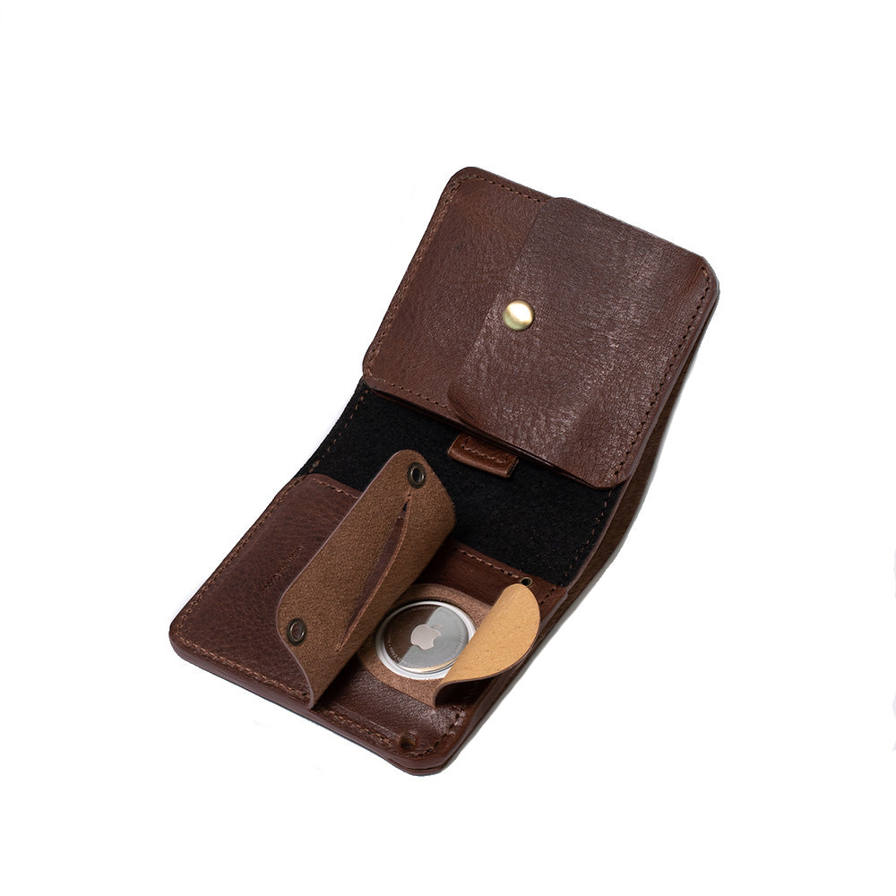 AirTag wallet with large coin punch made by Geometric Goods from premium Italian Leather in dark brown color