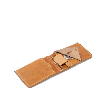 Leather wallet with money clip and hidden slot for AirTag made by Geometric Goods from premium leather in camel color